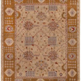 Oushak Turkish Antique Allover Floral Warm Tan Hand-Knotted Wool Rug – Circa 1920 BB8892