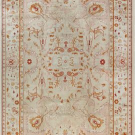 Antique Oushak Turkish Floral Medallion Pale Sand Hand-Knotted Wool Carpet – Circa 1900 BB7174