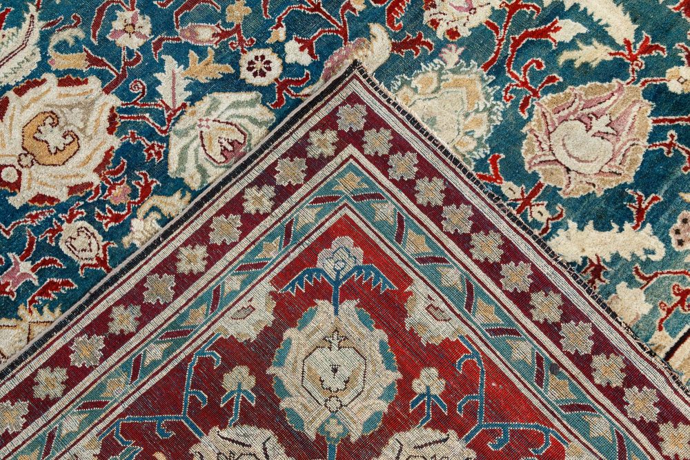 Authentic 19th Century Indian Agra Floral Green, Red Handmade Wool Carpet BB6700