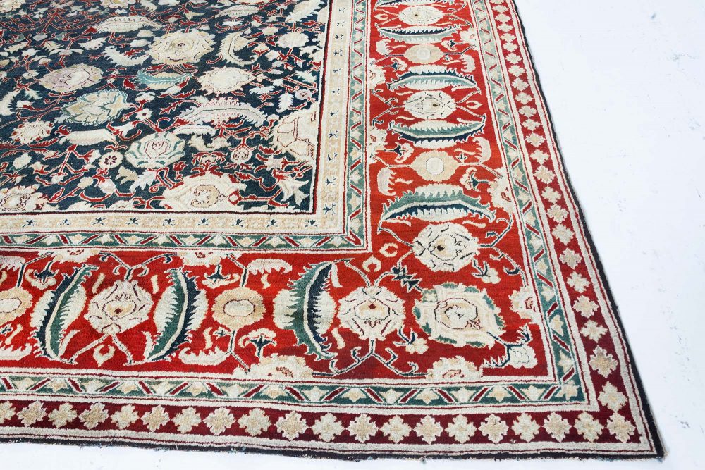 Authentic 19th Century Indian Agra Floral Green, Red Handmade Wool Carpet BB6700