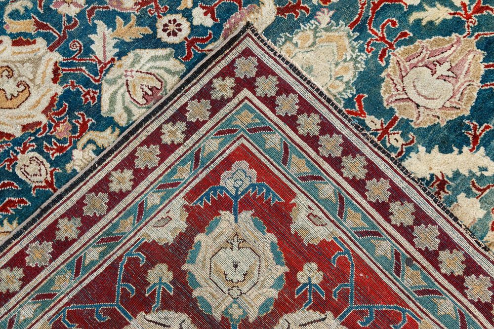 Authentic 19th Century Indian Agra Floral Green, Red Handmade Wool Carpet BB6700