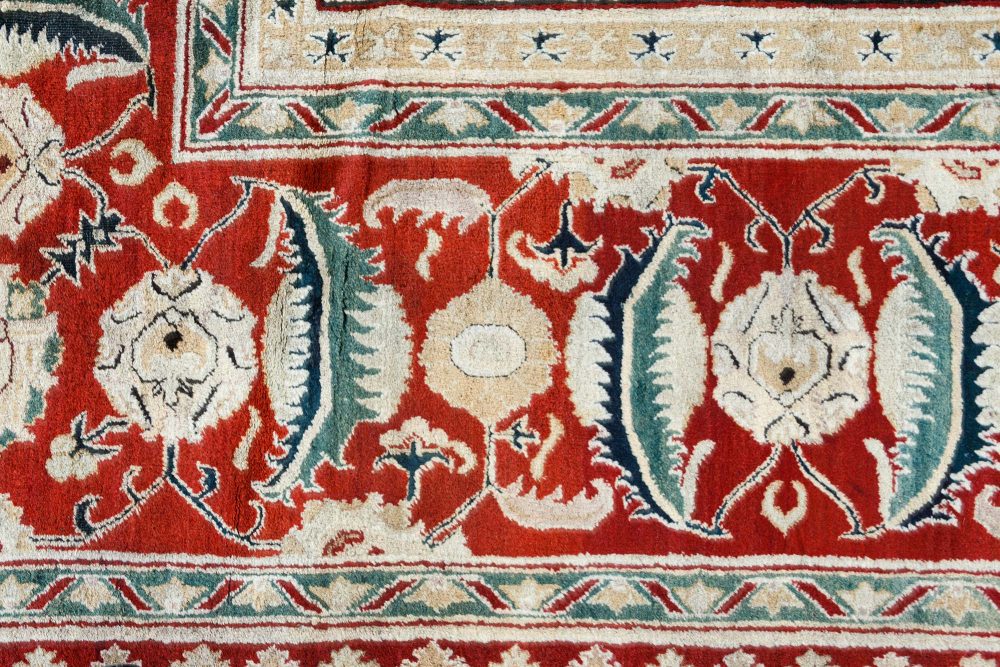 Authentic 19th Century Indian Agra Floral Green, Red Handmade Wool Carpet BB6700