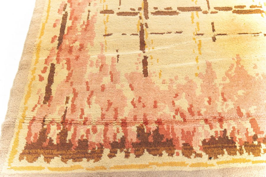 French Art Deco Amber, Chocolate, Coral and Red Handmade Wool Rug BB6789