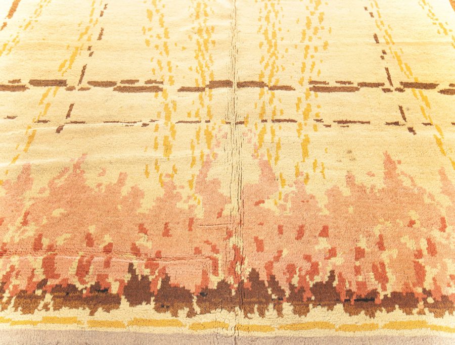 French Art Deco Amber, Chocolate, Coral and Red Handmade Wool Rug BB6789