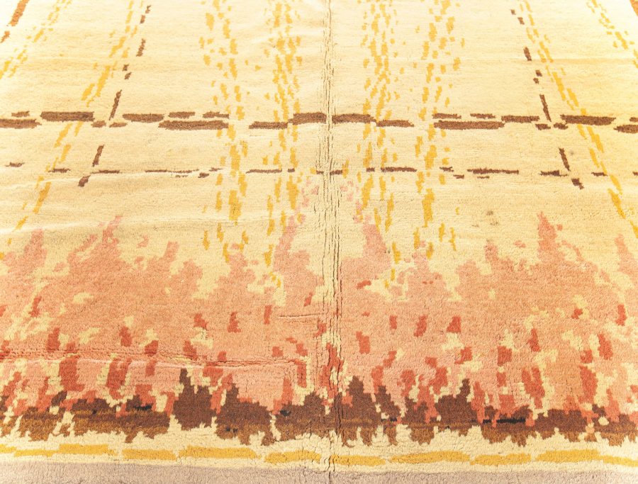 French Art Deco Amber, Chocolate, Coral and Red Handmade Wool Rug BB6789