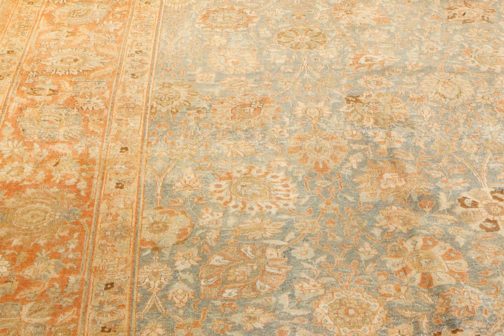 Authentic 19th Century Persian Tabriz Botanic Orange Grey-Blue Handmade Carpet BB7215