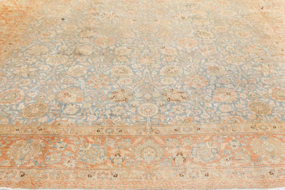 Authentic 19th Century Persian Tabriz Botanic Orange Grey-Blue Handmade Carpet BB7215