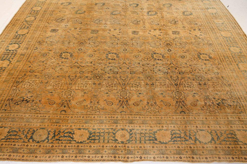 Authentic 1900s Persian Tabriz Yellow Handmade Wool Carpet BB7226