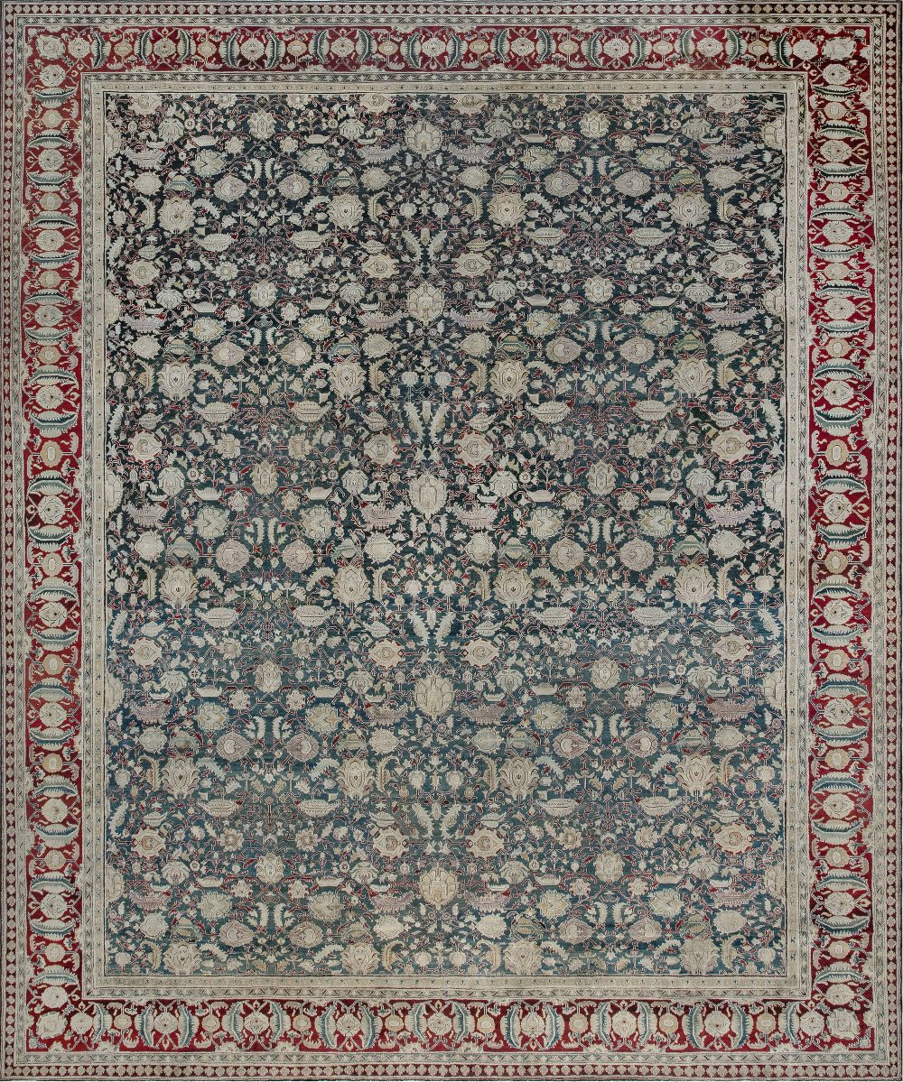 Authentic 19th Century Indian Agra Floral Green, Red Handmade Wool Carpet BB6700