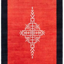 Vintage Art Nouveau Geometric Crimson With Midnight Hand-Knotted Wool Rug Dutch BB6716