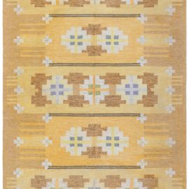Timeless Vintage Scandinavian Geometric Ivory Flatweave Wool Rug Signed By Ingegerd Silow BB8964