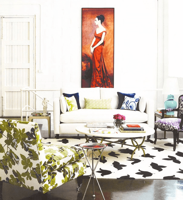 modern rug in living room, mid century modern rug, statement rugs