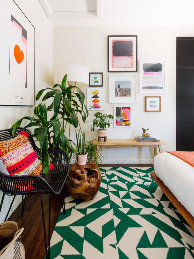 statement rug in living room, modern geometric rug in living room