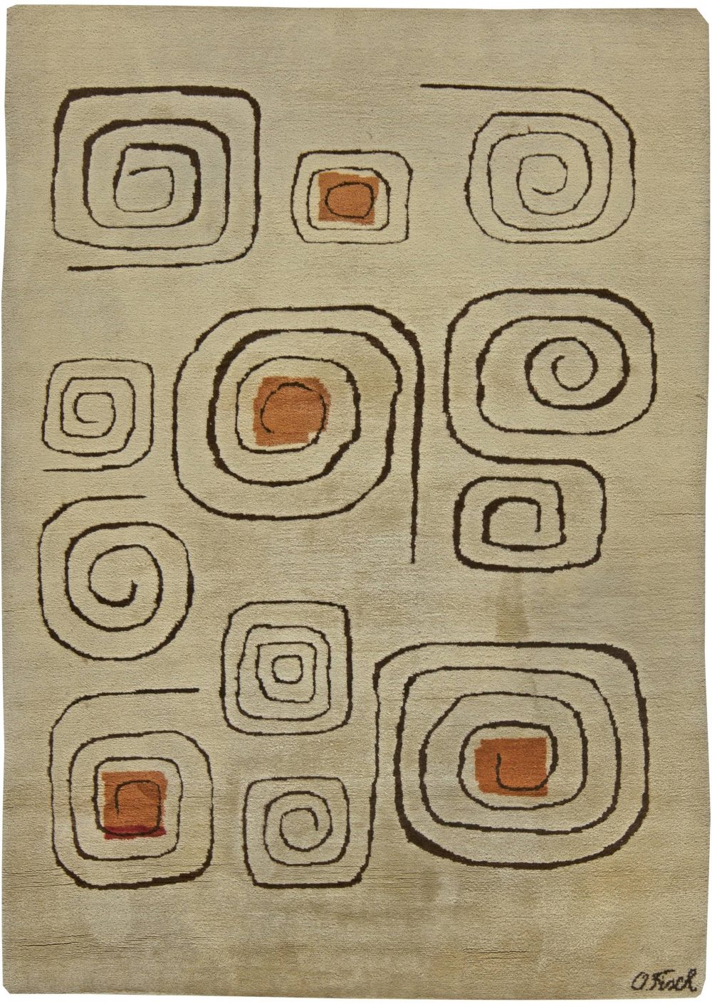 Beige, Brown and Orange Art Deco Rug Churos Signed by Olga Fisch BB5990