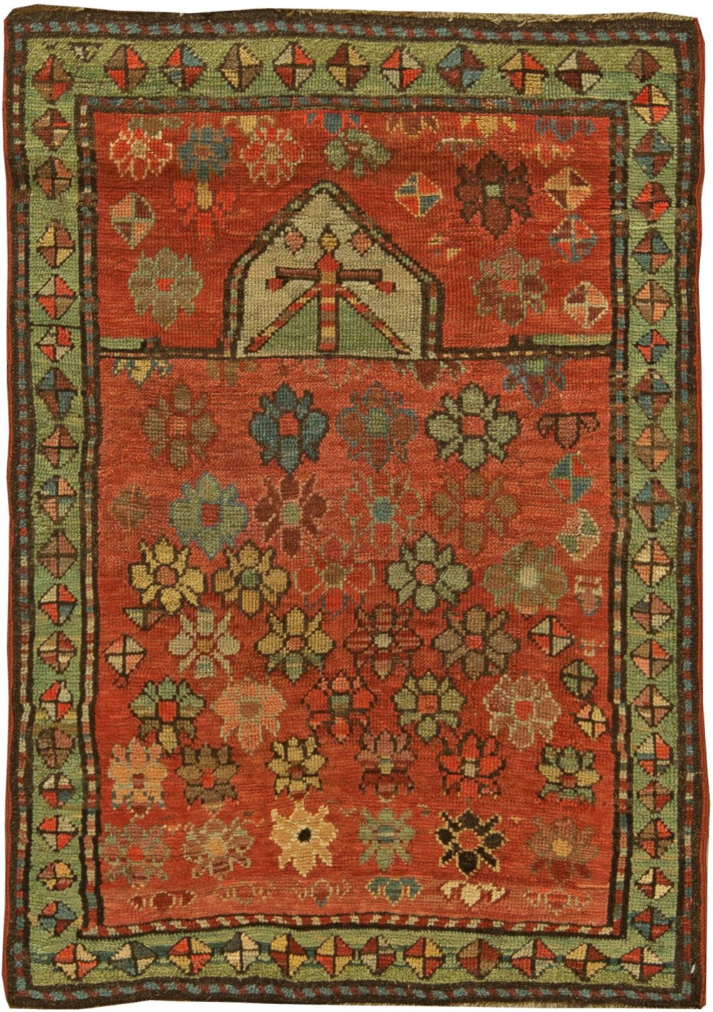 Early 20th Century Caucasian Bright Orange, Blue and Green Handmade Wool Rug BB6173