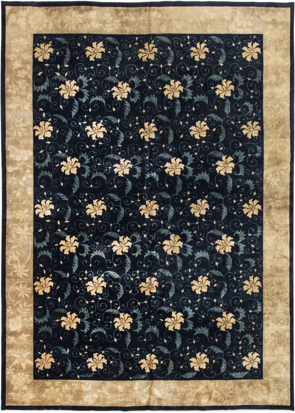 Early 20th Century Floral Chinese Beige and Navy Blue Handmade Wool Carpet BB4090