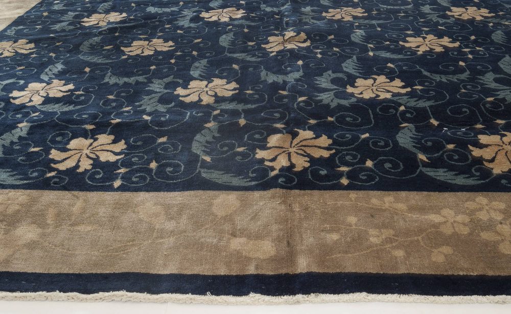 Early 20th Century Floral Chinese Beige and Navy Blue Handmade Wool Carpet BB4090