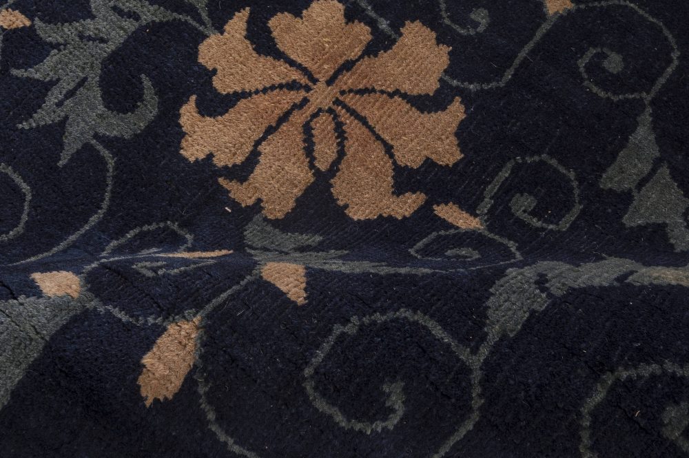 Early 20th Century Floral Chinese Beige and Navy Blue Handmade Wool Carpet BB4090