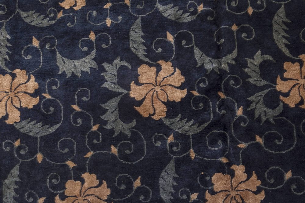 Early 20th Century Floral Chinese Beige and Navy Blue Handmade Wool Carpet BB4090