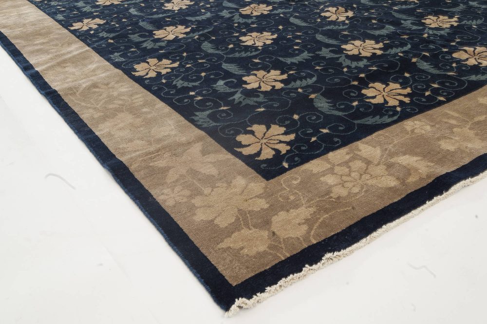 Early 20th Century Floral Chinese Beige and Navy Blue Handmade Wool Carpet BB4090