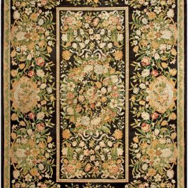 Savonnerie French Antique Floral Medallion Cream Beige Hand-Knotted Wool Rug – Circa 1920 BB4926