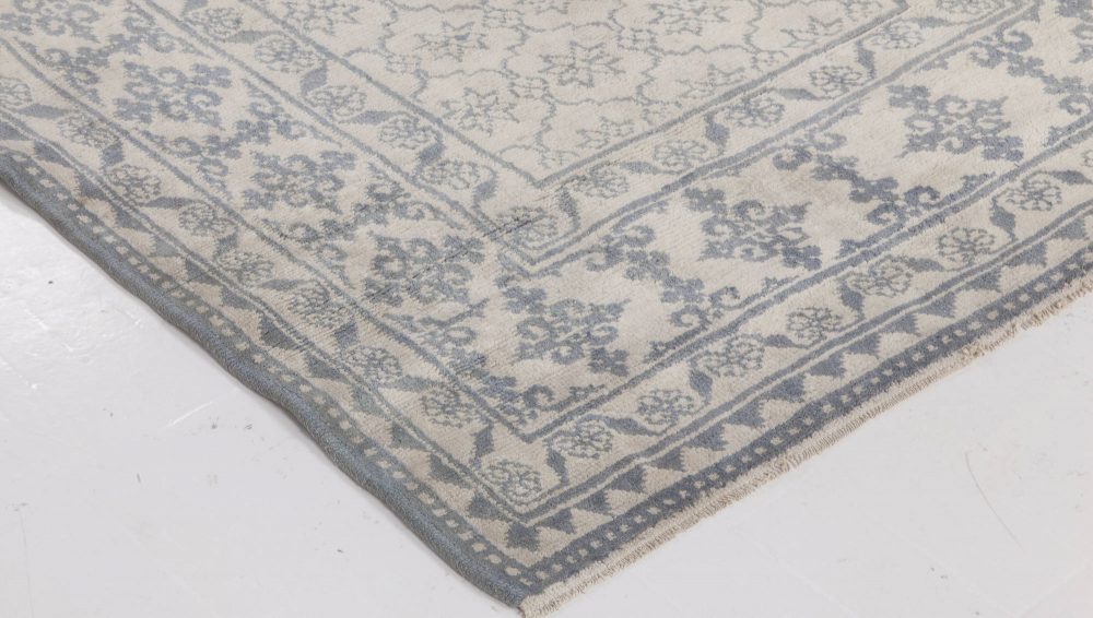 1920s Indian Agra Botanic White, Indigo Blue Handmade Cotton Rug BB6525