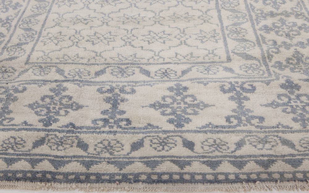 1920s Indian Agra Botanic White, Indigo Blue Handmade Cotton Rug BB6525