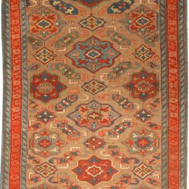 19th Century Kuba Orange and Blue Handmade Wool Rug BB4754