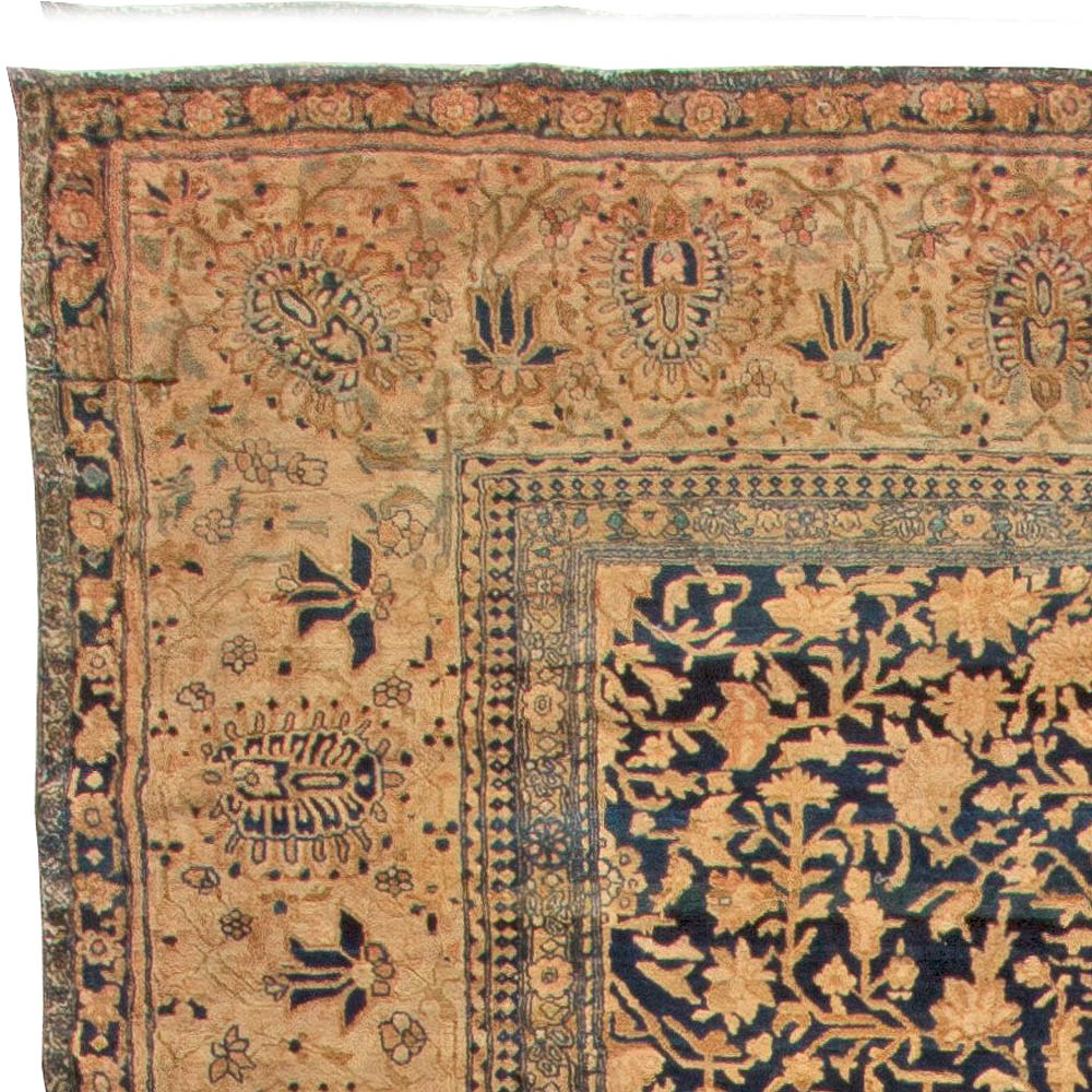 Vintage Persian Kashan Botanic Navy Blue, Brown Handmade Wool Rug BB4304