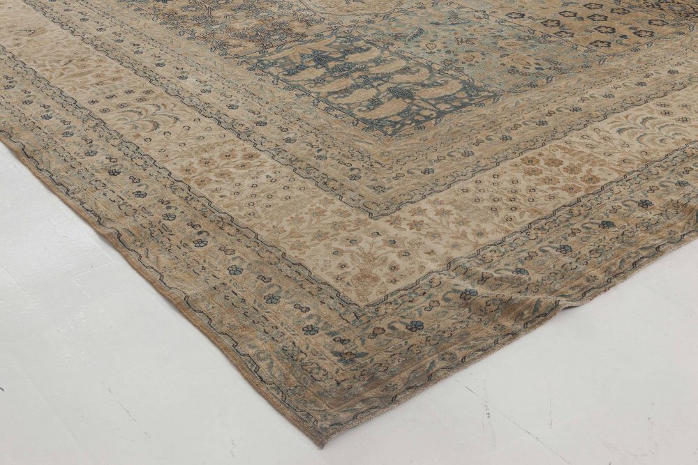 Camel and Pastel Blue Antique Persian Kirman Rug BB6407