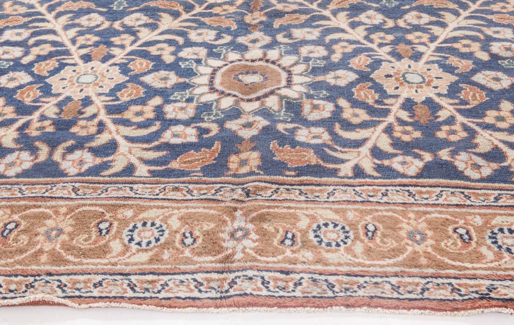 19th Century Botanic Persian Meshad Caramel and Navy Blue Handwoven Wool Rug BB4486