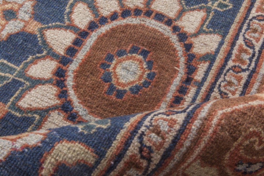 19th Century Botanic Persian Meshad Caramel and Navy Blue Handwoven Wool Rug BB4486