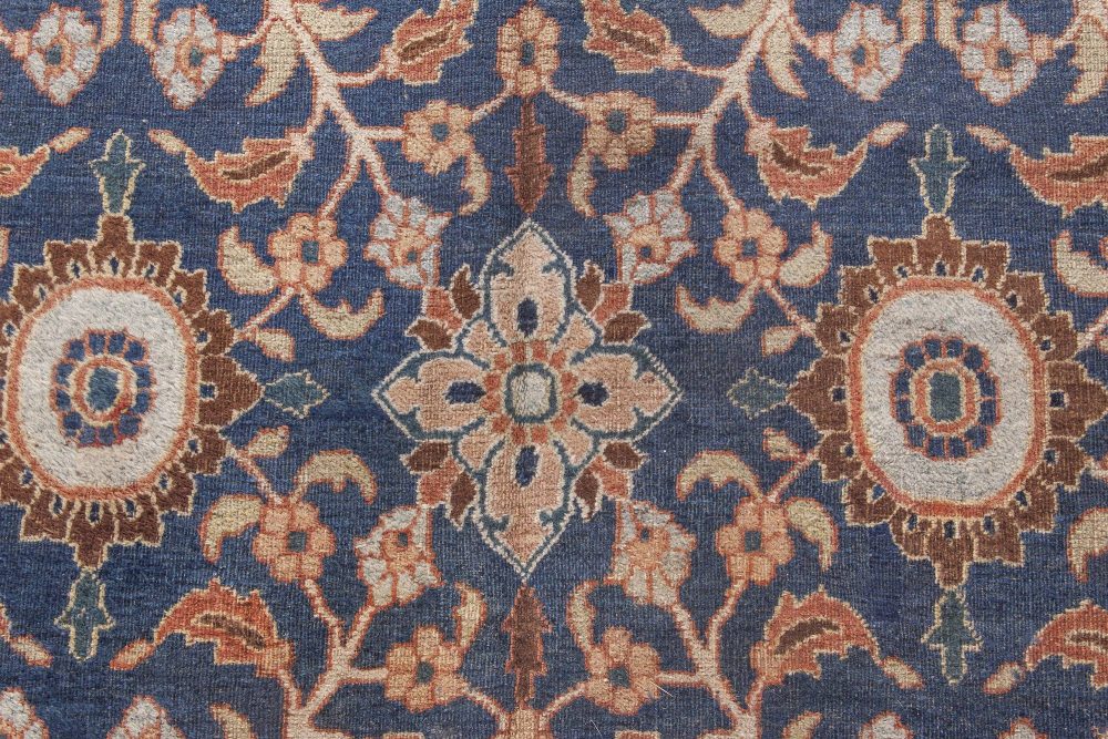 19th Century Botanic Persian Meshad Caramel and Navy Blue Handwoven Wool Rug BB4486