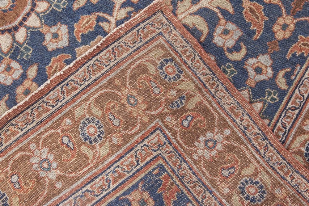 19th Century Botanic Persian Meshad Caramel and Navy Blue Handwoven Wool Rug BB4486