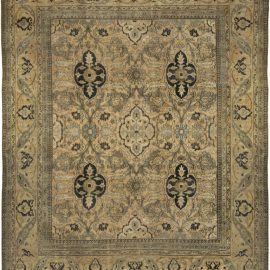 Antique Meshad Persian Floral Allover Warm Tan Hand-Knotted Wool Carpet – Circa 1900 BB5111