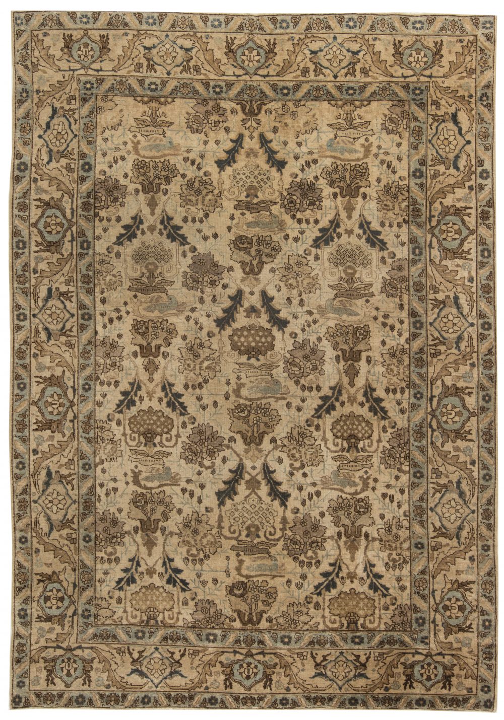 Early 20th Century Persian Tabriz Handwoven Wool Rug in Golden Beige and Brown BB6304