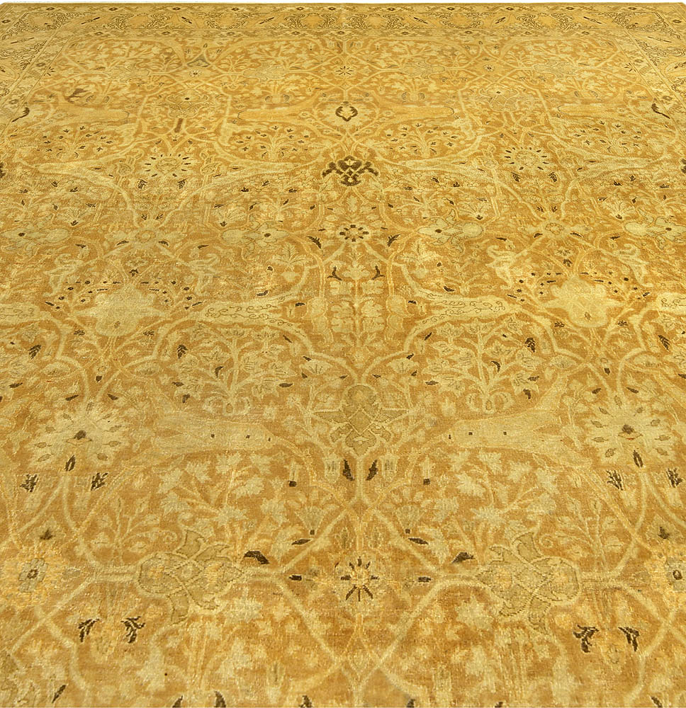Antique Persian Tabriz Botanic Gold Yellow Handwoven Wool Rug BB5236