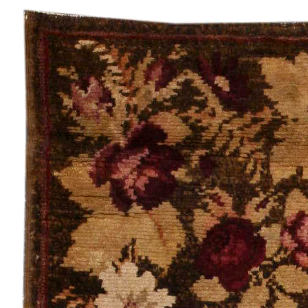 Authentic 19th Century Ukrainian Floral Brown Handwoven Wool Rug BB3777