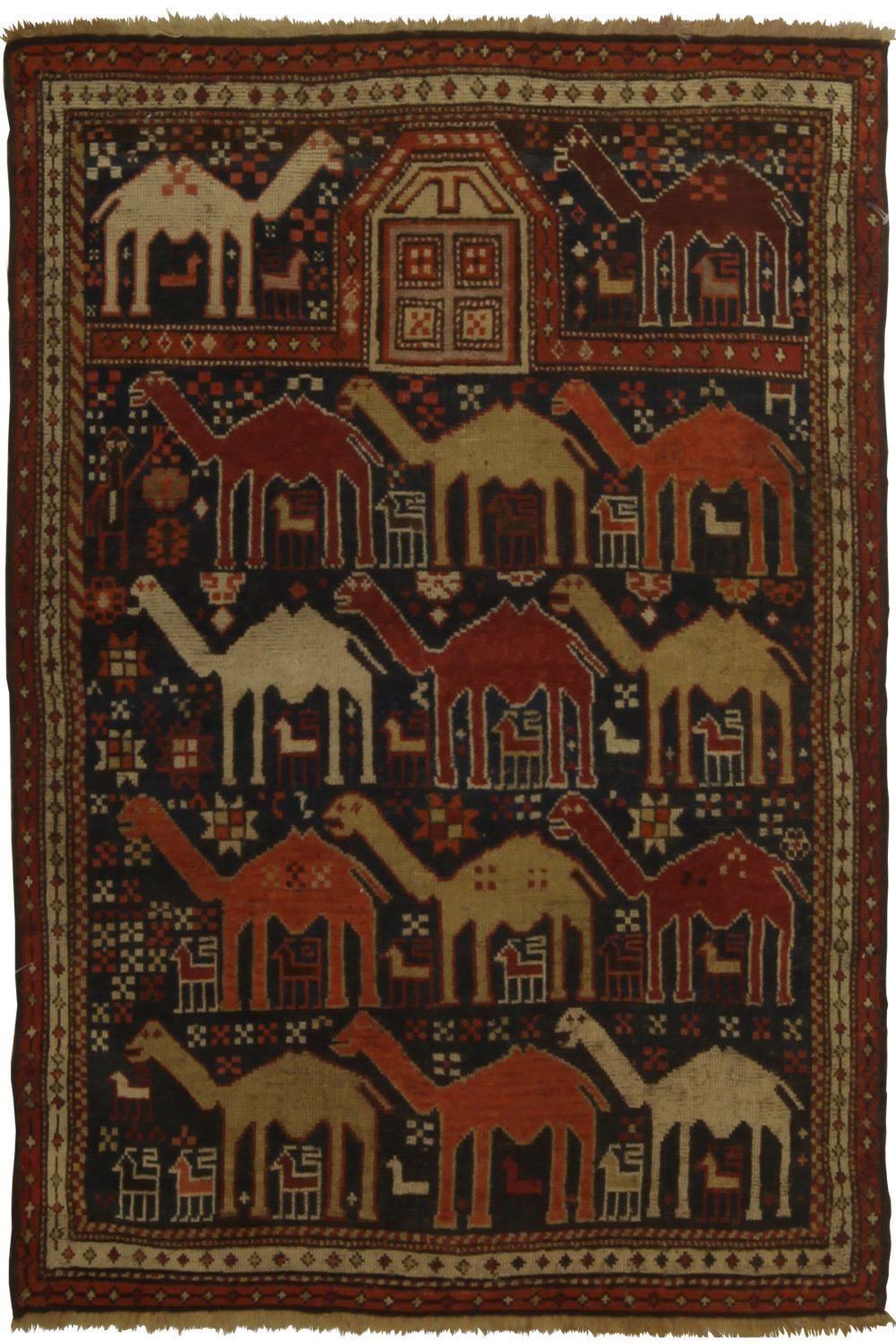 19th Century Caucasian Shirvan Camel, Dark Blue and Orange Rug BB5356