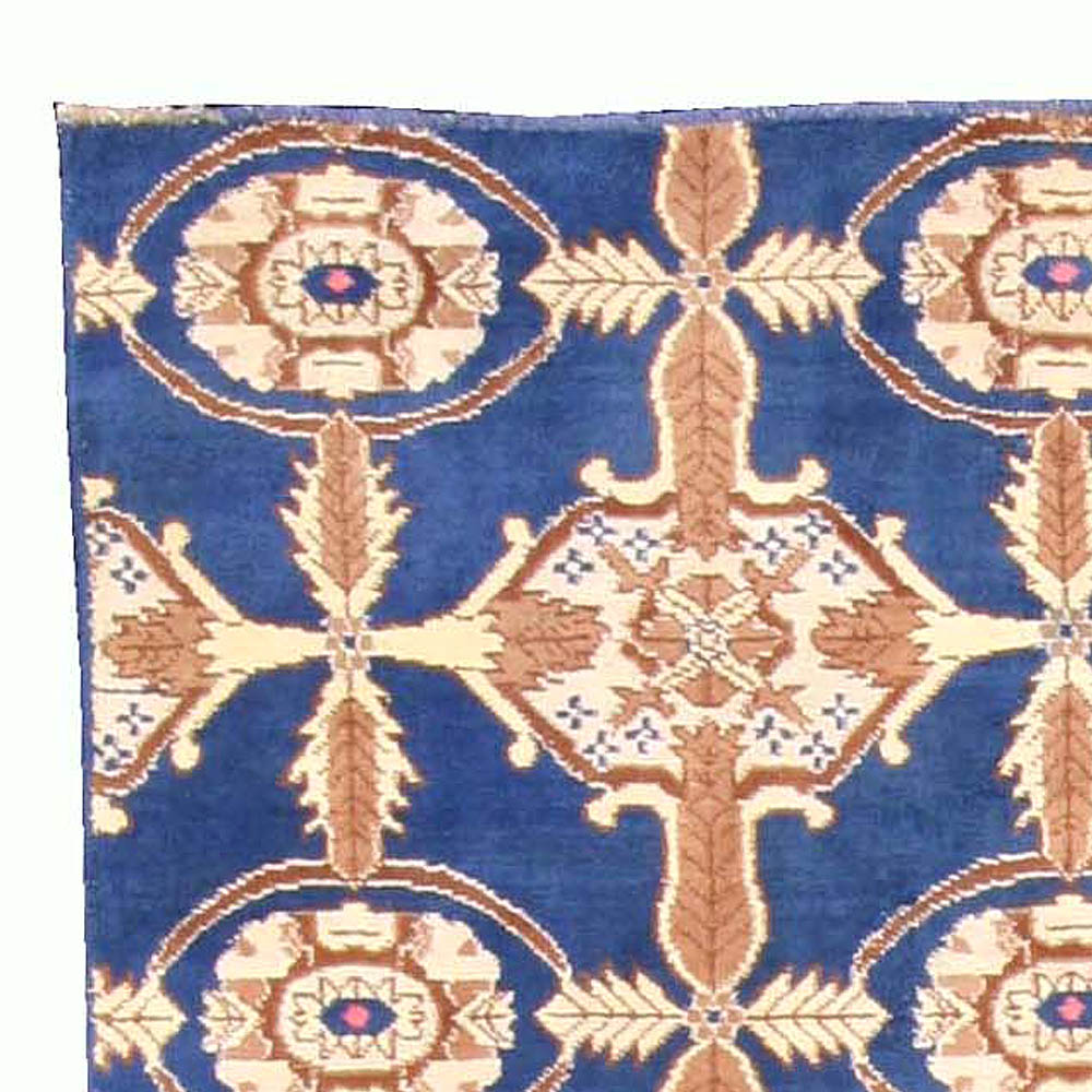 Mid-20th Century Cobalt Blue, Yellow, Brown Indian Agra Handmade Carpet BB3701