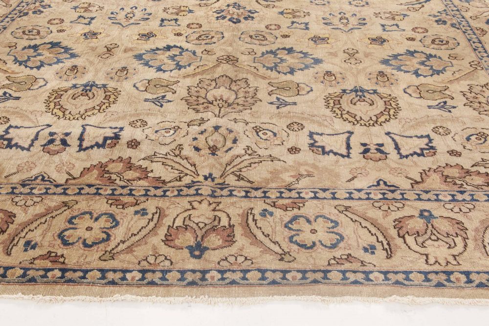 Early 20th Century Persian Tabriz Botanic Wool Rug in Beige, Blue, and Yellow BB3519