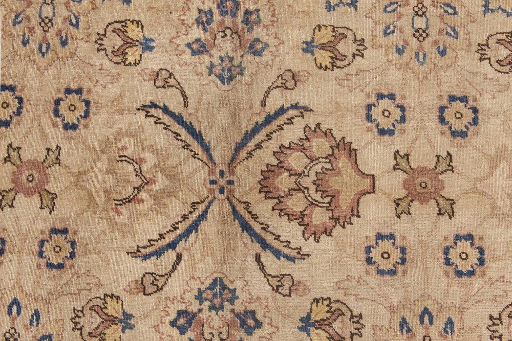 Early 20th Century Persian Tabriz Botanic Wool Rug in Beige, Blue, and Yellow BB3519