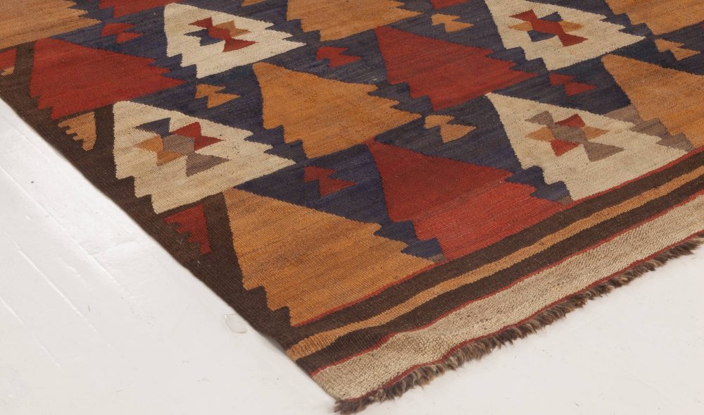 Vintage Etno Brown, Red and Yellow Handwoven Wool Turkish Kilim Rug BB6516