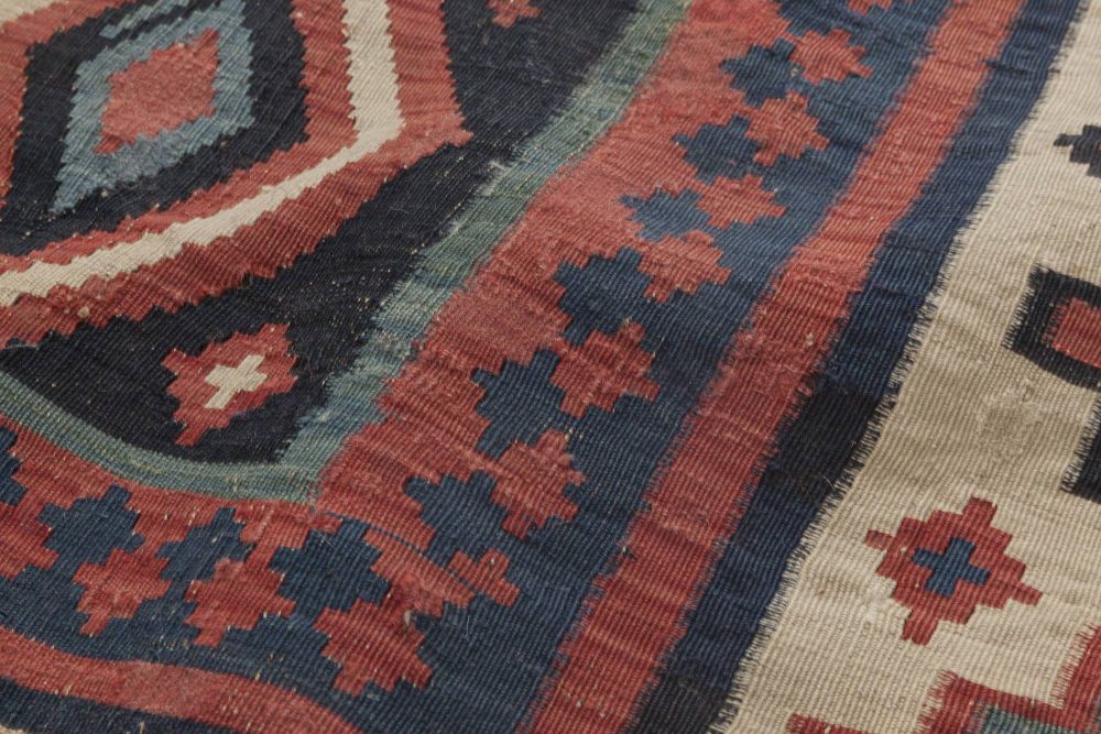 Mid-20th century Geometric Navy Blue, Ivory, Carmine Turkish Kilim Wool Rug BB6404