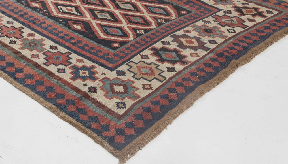 Mid-20th century Geometric Navy Blue, Ivory, Carmine Turkish Kilim Wool Rug BB6404