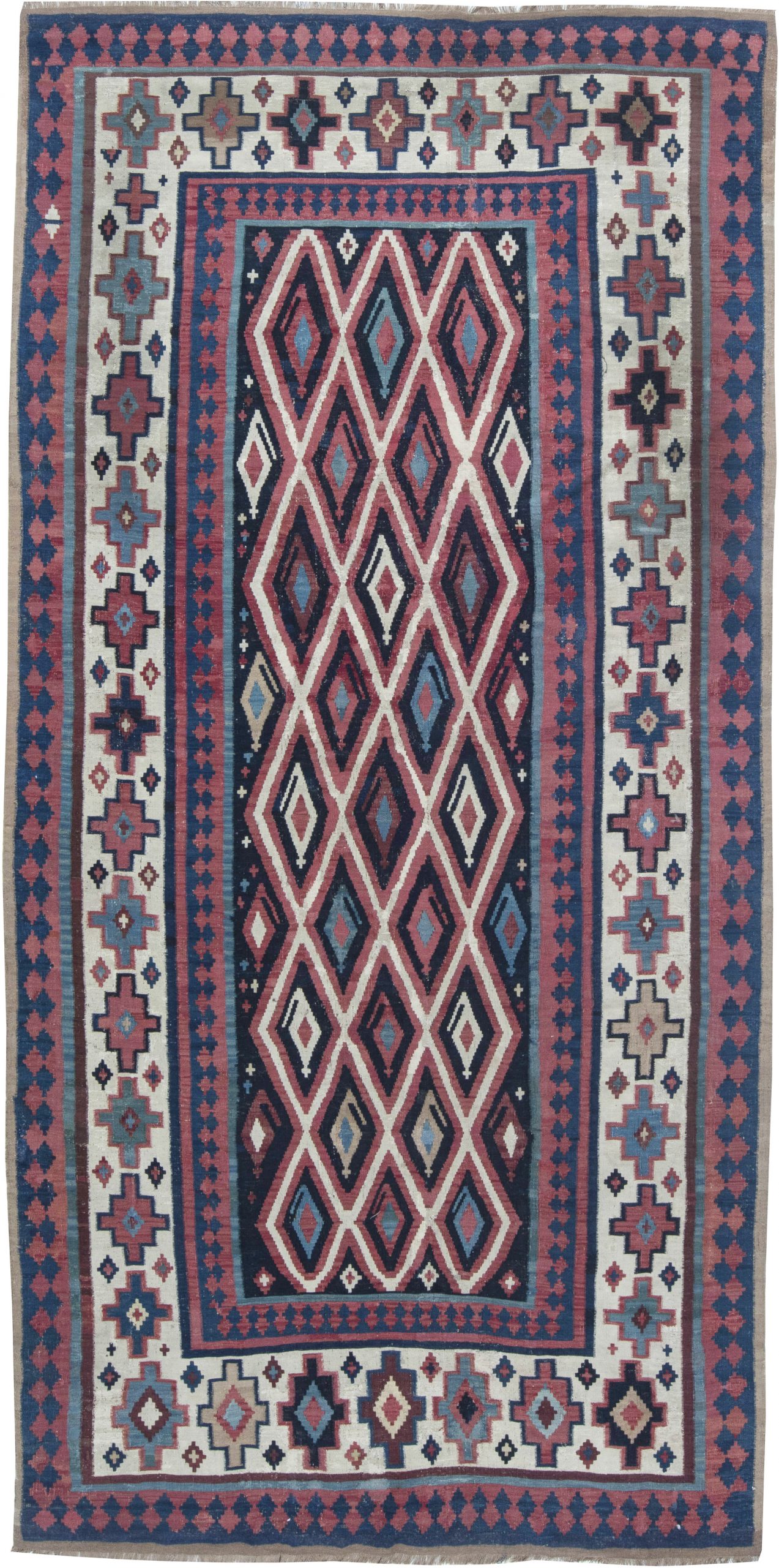 Mid-20th century Geometric Navy Blue, Ivory, Carmine Turkish Kilim Wool Rug BB6404