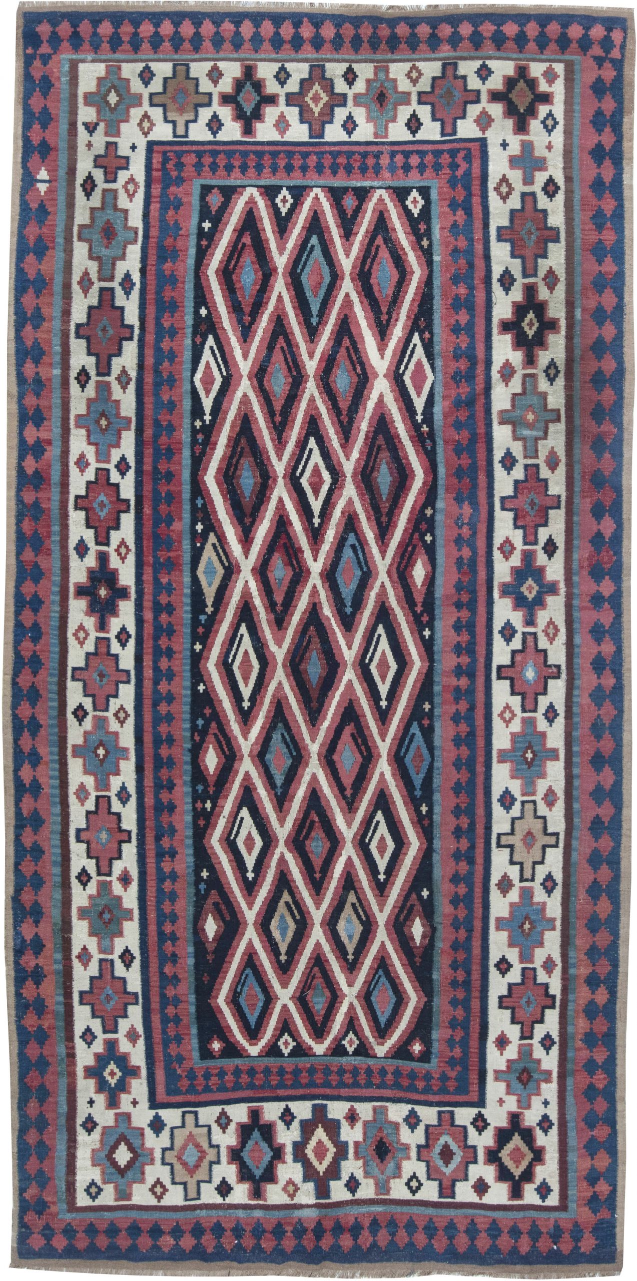 Mid-20th century Geometric Navy Blue, Ivory, Carmine Turkish <mark class='searchwp-highlight'>Kilim</mark> Wool Rug BB6404