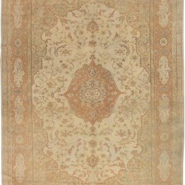Antique Oushak Turkish Medallion Floral Cream Beige Hand-Knotted Wool Carpet – Circa 1920 BB4359