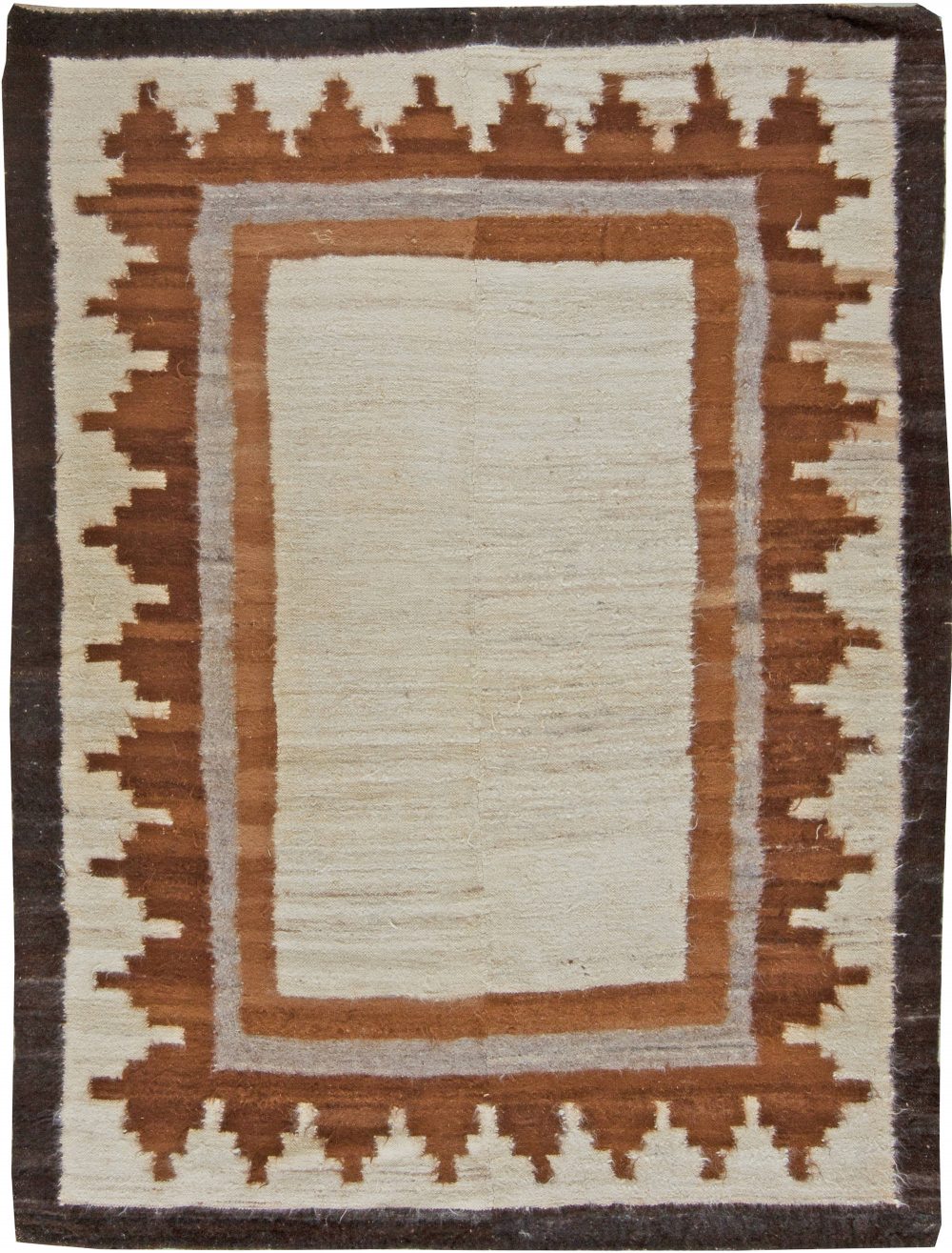Mid-20th Century Mongolian Geometric Ivory, Brown, Grey Flat-Weave Wool Rug BB5746