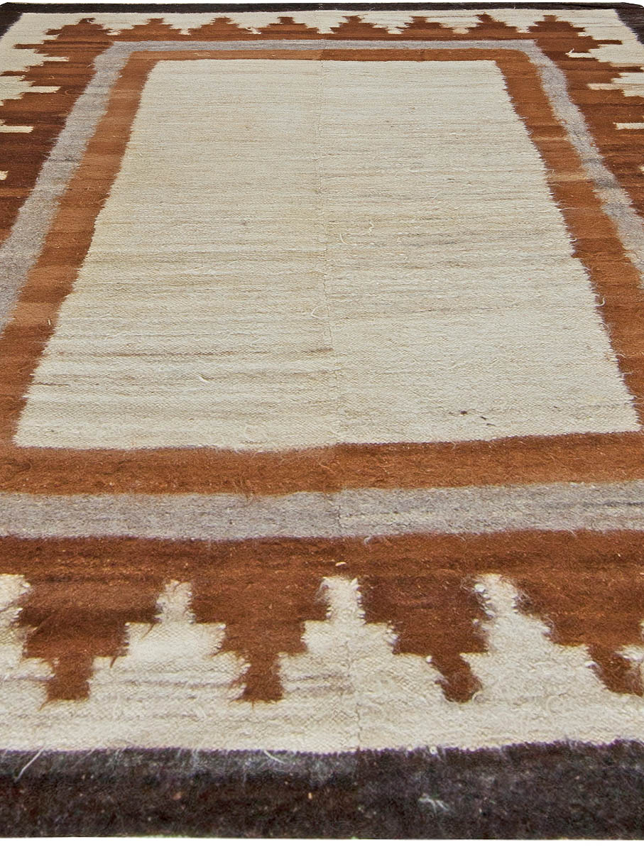 Mid-20th Century Mongolian Geometric Ivory, Brown, Grey Flat-Weave Wool Rug BB5746